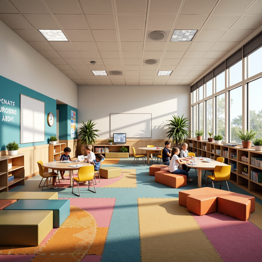 Prompt: Vibrant elementary school classroom, colorful kid-friendly furniture, modular desks, ergonomic chairs, collaborative worktables, interactive whiteboards, educational display shelves, cozy reading nooks, plush area rugs, natural wood accents, bright overhead lighting, soft pastel colors, flexible seating arrangements, adjustable height tables, built-in storage bins, durable easy-clean surfaces, inspirational quote decals, 1/1 composition, warm soft focus, realistic textures.