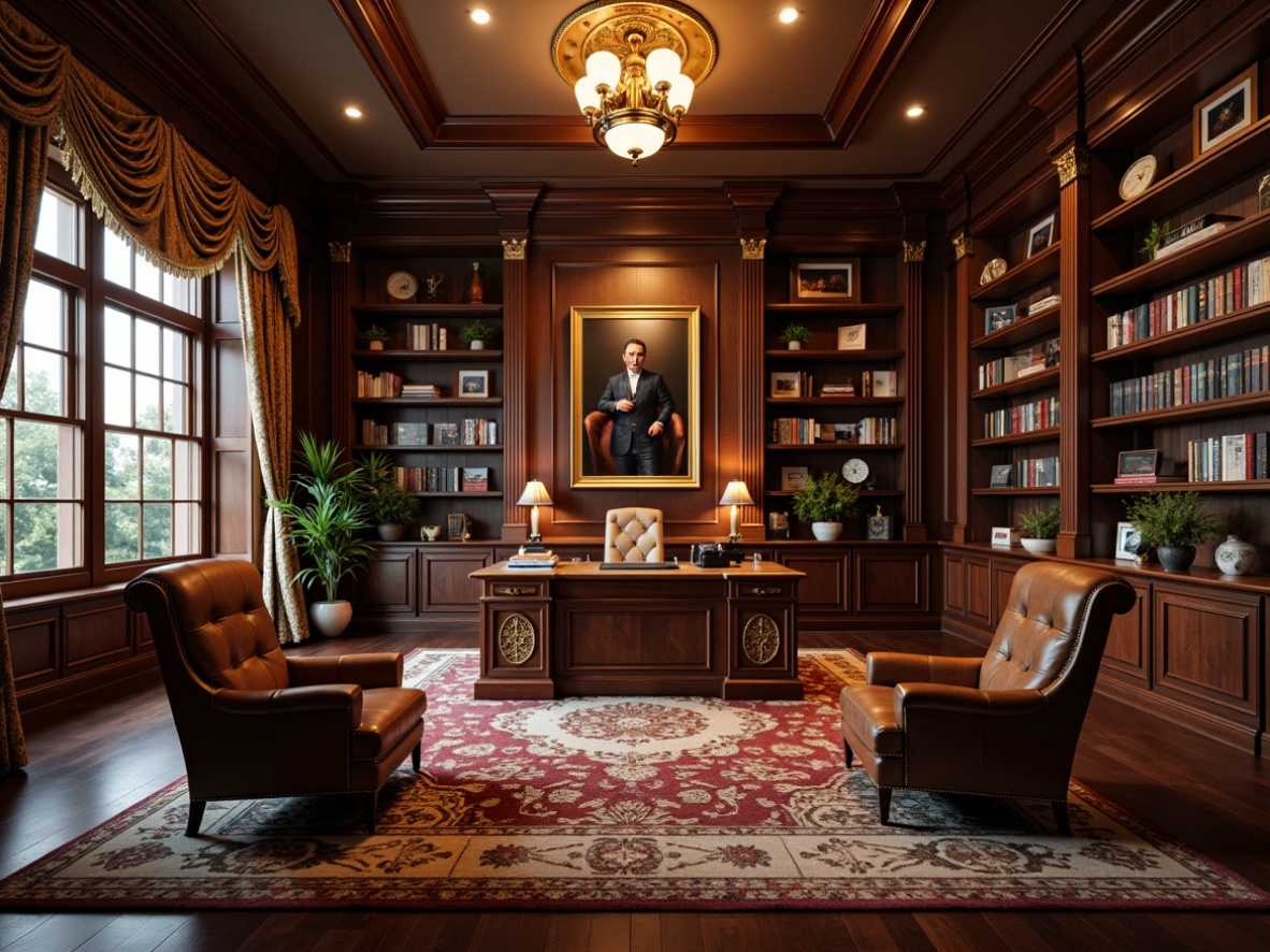 Prompt: Luxurious home office, rich wood furniture, ornate carvings, gold accents, leather upholstery, plush area rugs, floor-to-ceiling bookshelves, vintage desk lamps, classic framed artwork, sophisticated color palette, warm ambient lighting, shallow depth of field, 1/1 composition, realistic textures, subtle glow effects.