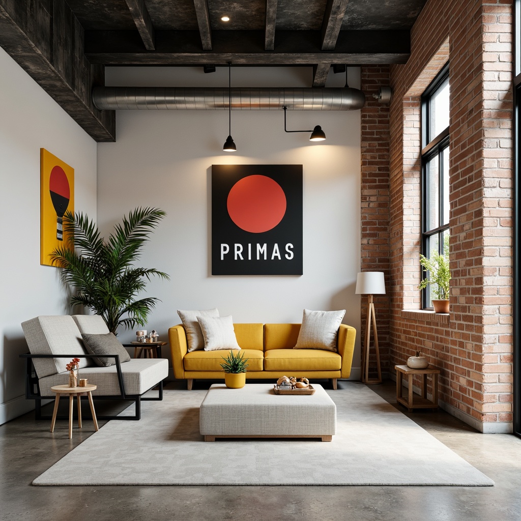 Prompt: Monochromatic interior, primary colors, bold typography, industrial materials, exposed brick walls, concrete floors, steel beams, minimalist decor, functional furniture, geometric shapes, clean lines, simplistic forms, neutral background, pops of bright color, warm lighting, shallow depth of field, 1/1 composition, realistic textures, ambient occlusion.