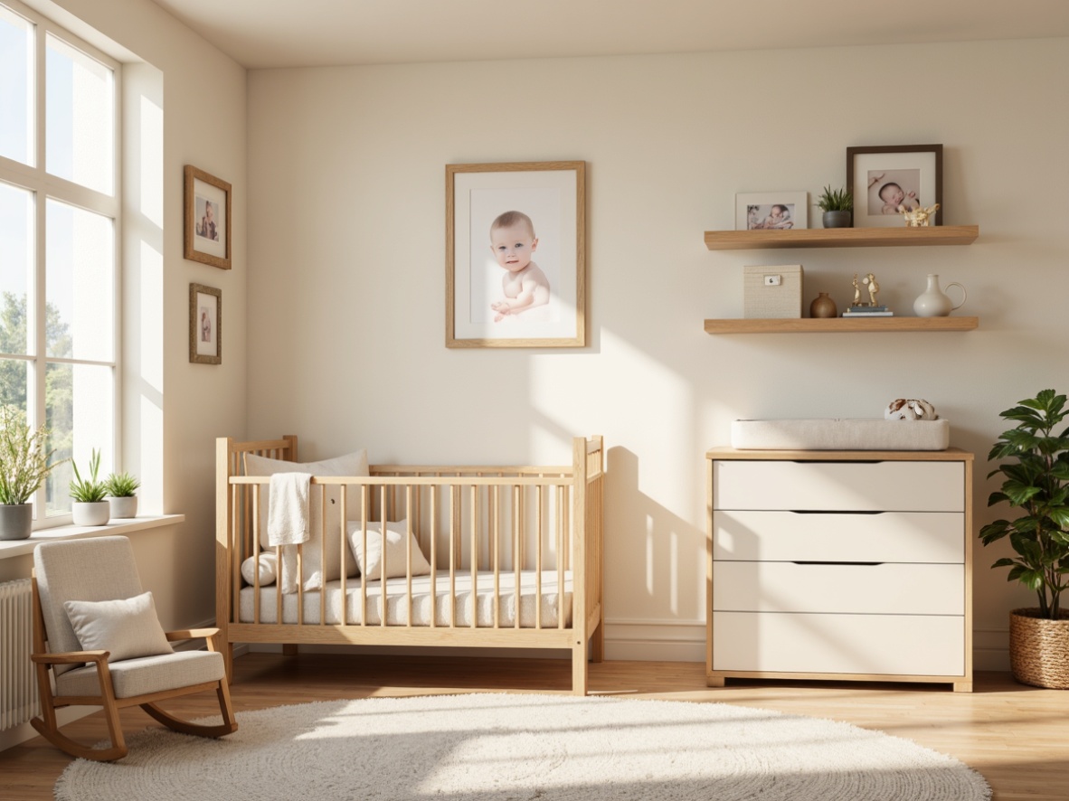 Prompt: Modern baby room, soft pastel colors, gentle natural light, plush area rug, comfortable glider chair, wooden crib, minimalist dresser, changing station, toy storage bins, wall-mounted shelves, framed baby photos, greenery plants, calming ambiance, warm beige walls, creamy white furniture, rounded edges, smooth surfaces, 3/4 composition, shallow depth of field, soft focus effect.