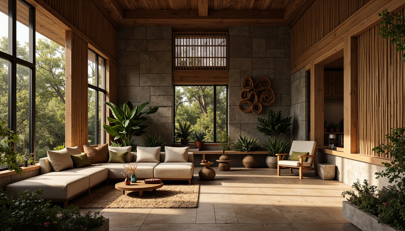 Prompt: Earthy tones, reclaimed wood accents, woven bamboo textures, organic stone formations, living green walls, natural fiber furnishings, earthy ceramics, handcrafted wooden decorations, warm ambient lighting, cozy atmospheric mood, minimalist composition, emphasis on negative space, soft focus blur, 1/1 aspect ratio, serene atmosphere.