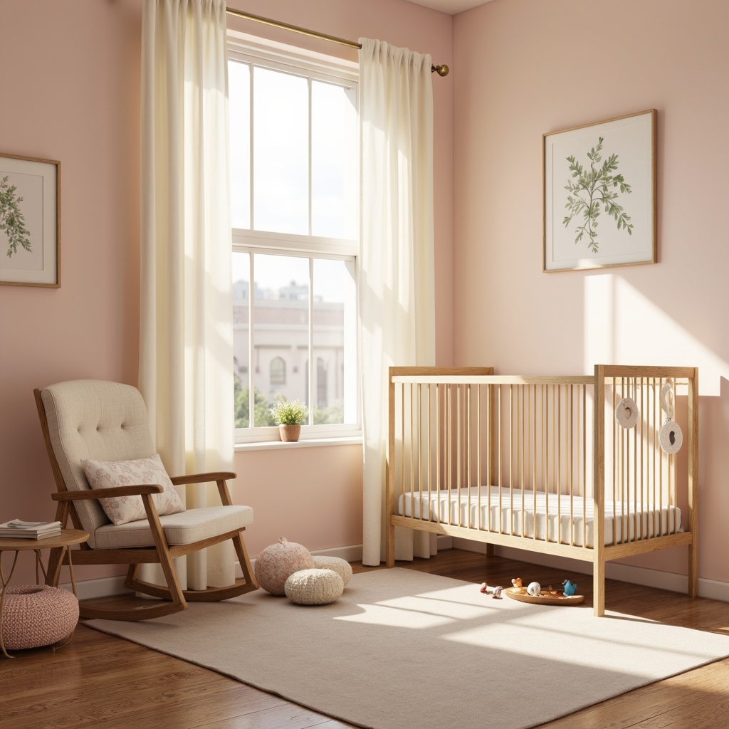 Prompt: Soft warm lighting, creamy whites, pastel colors, plush toys, nursery rhymes, wooden crib, gentle curves, soothing textiles, delicate lace, subtle patterns, natural wood accents, comfortable glider, cozy reading nook, warm beige walls, soft pink hues, calming ambiance, 1/1 composition, shallow depth of field, realistic textures, ambient occlusion.