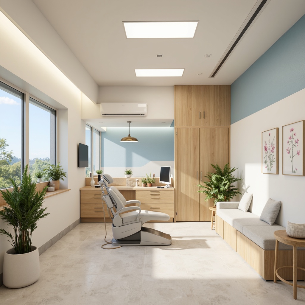 Prompt: Calming dental clinic, soft pastel colors, creamy whites, gentle blues, warm beige tones, natural wood accents, minimalist decor, sleek metal equipment, modern LED lighting, calming ambiance, serene atmosphere, comfortable seating areas, soothing music background, subtle texture patterns, clean lines, 1/1 composition, realistic renderings, ambient occlusion.