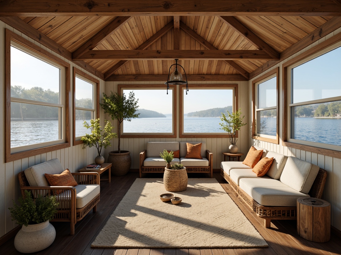 Prompt: Cozy boathouse interior, warm wooden accents, rustic nautical decor, soft beige walls, calming blue tones, natural textiles, woven wicker furniture, vintage marine artifacts, distressed wood floors, earthy color scheme, serene lake views, sunny afternoon light, shallow depth of field, 1/2 composition, realistic textures, ambient occlusion.