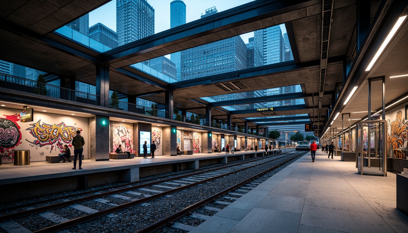 Prompt: Urban metro station, industrial chic design, exposed steel beams, metallic columns, concrete floors, urban graffiti, vibrant neon lights, bustling city atmosphere, modern train cars, sleek glass roofs, cantilevered platforms, dynamic staircases, stainless steel handrails, functional minimalist seating, urban underground ambiance, dramatic high ceilings, moody contrast lighting, 1/2 composition, cinematic depth of field.