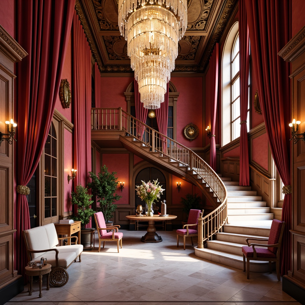 Prompt: Rich velvet curtains, luxurious gold accents, ornate plasterwork, dramatic crystal chandeliers, opulent red walls, lavish cream furniture, intricate wooden carvings, regal purple upholstery, majestic high ceilings, grandiose staircases, elegant marble floors, sophisticated bronze fixtures, warm soft lighting, subtle gradient effects, 1/2 composition, cinematic framing, realistic textures, ambient occlusion.