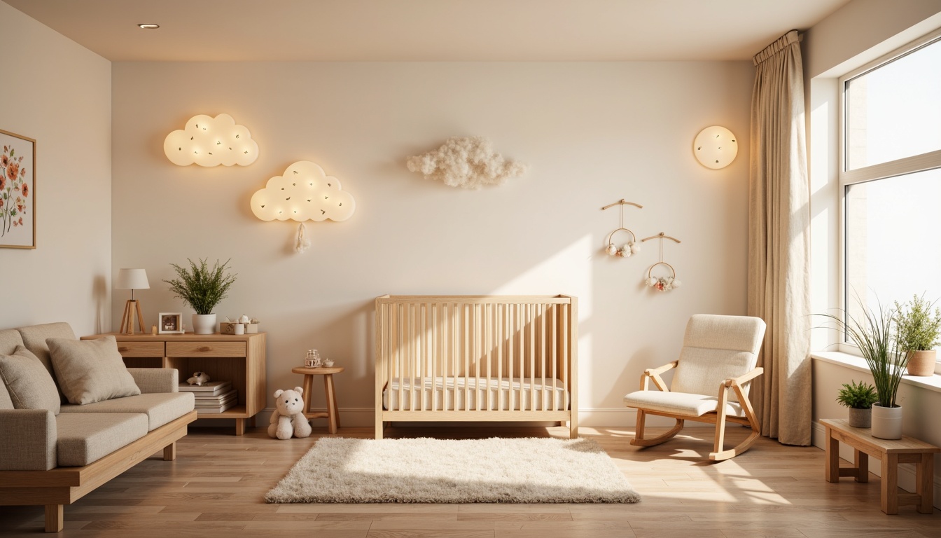 Prompt: Soft warm glow, pastel color palette, gentle LED lights, whimsical cloud-shaped fixtures, creamy white walls, plush area rug, wooden crib, soft toy storage, delicate mobiles, calming ambiance, warm beige furniture, rounded edges, natural wood accents, cozy reading nook, comfortable glider, soothing color scheme, peaceful atmosphere, subtle texture variations, shallow depth of field, 1/1 composition, intimate setting, warm color temperature.