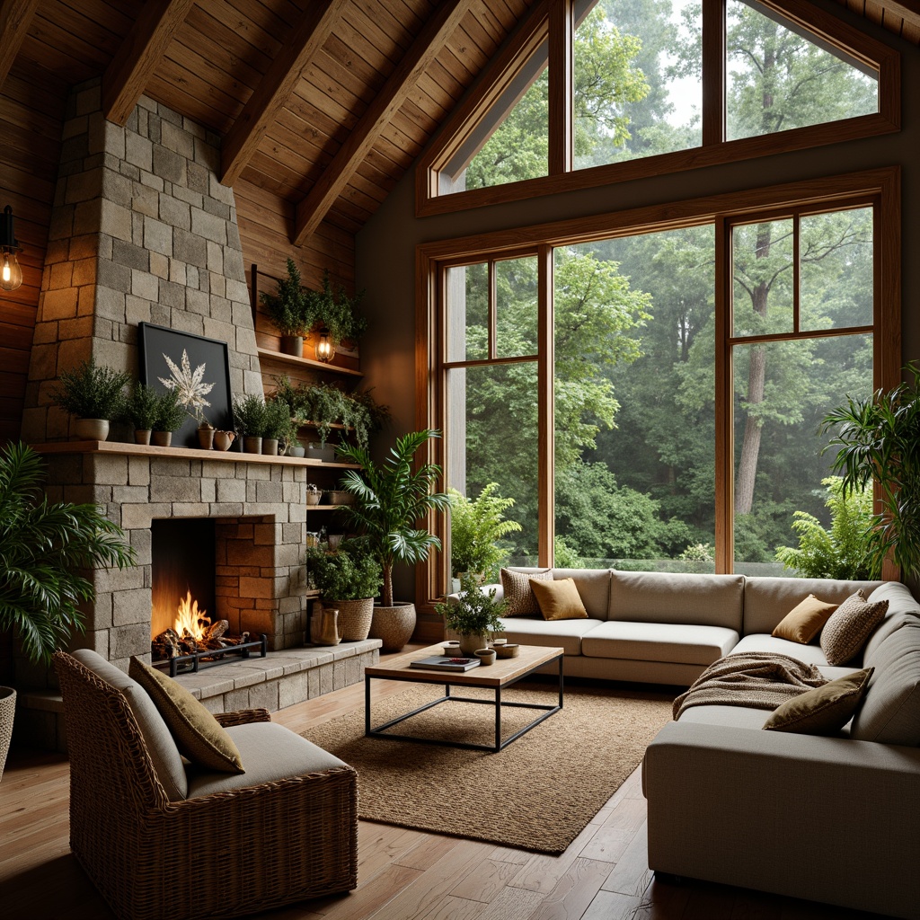 Prompt: Earth-toned cabin, reclaimed wooden walls, natural stone fireplace, plush greenery, woven bamboo furniture, jute rug, organic textures, warm candle lighting, cozy reading nook, rustic metal accents, botanical prints, earthy color palette, natural ventilation, large windows, sliding glass doors, seamless indoor-outdoor transition, lush forest surroundings, misty morning atmosphere, soft warm light, shallow depth of field, 2/3 composition, realistic rendering.