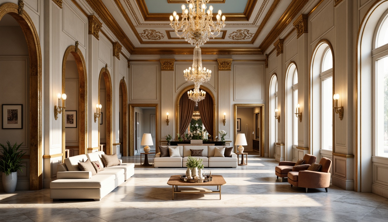 Prompt: Opulent neoclassical interior, rich wood tones, ornate moldings, creamy marble, soft golden lighting, majestic crystal chandeliers, luxurious velvet fabrics, subtle bronze accents, intricate carvings, stately columns, grandiose archways, refined neutral background, warm beige walls, pale blue ceilings, elegant cream furnishings, sophisticated taupe upholstery, lavish gold leaf details, dramatic shadows, 1/1 composition, soft focus, realistic textures.