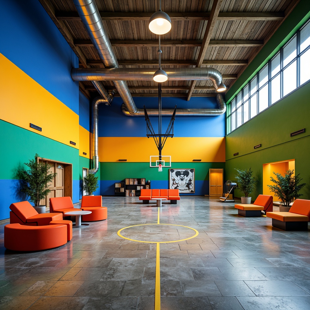 Prompt: Vibrant gymnasium interior, postmodernist architecture style, bold color blocking, neon hues, electric blue, hot orange, lime green, sunshine yellow, metallic silver accents, exposed ductwork, industrial chic concrete floors, geometric patterned walls, abstract mural art, eclectic furniture mix, avant-garde lighting fixtures, dramatic shading, high contrast ratio, 1/2 composition, cinematic atmosphere, realistic textures, subtle ambient occlusion.