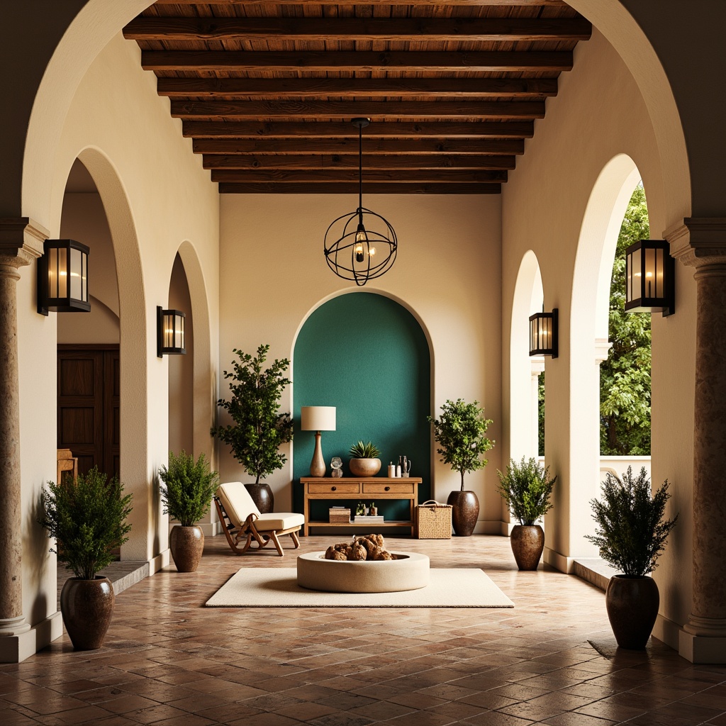 Prompt: Warm Mediterranean interior, soft creamy walls, rustic wooden beams, elegant archways, ornate tile floors, vibrant turquoise accents, lush greenery, natural stone columns, warm golden lighting, table lamps, floor lamps, pendant lights, candles, lanterns, ambient glow, soft shadows, 3/4 composition, shallow depth of field, realistic textures, warm color palette.