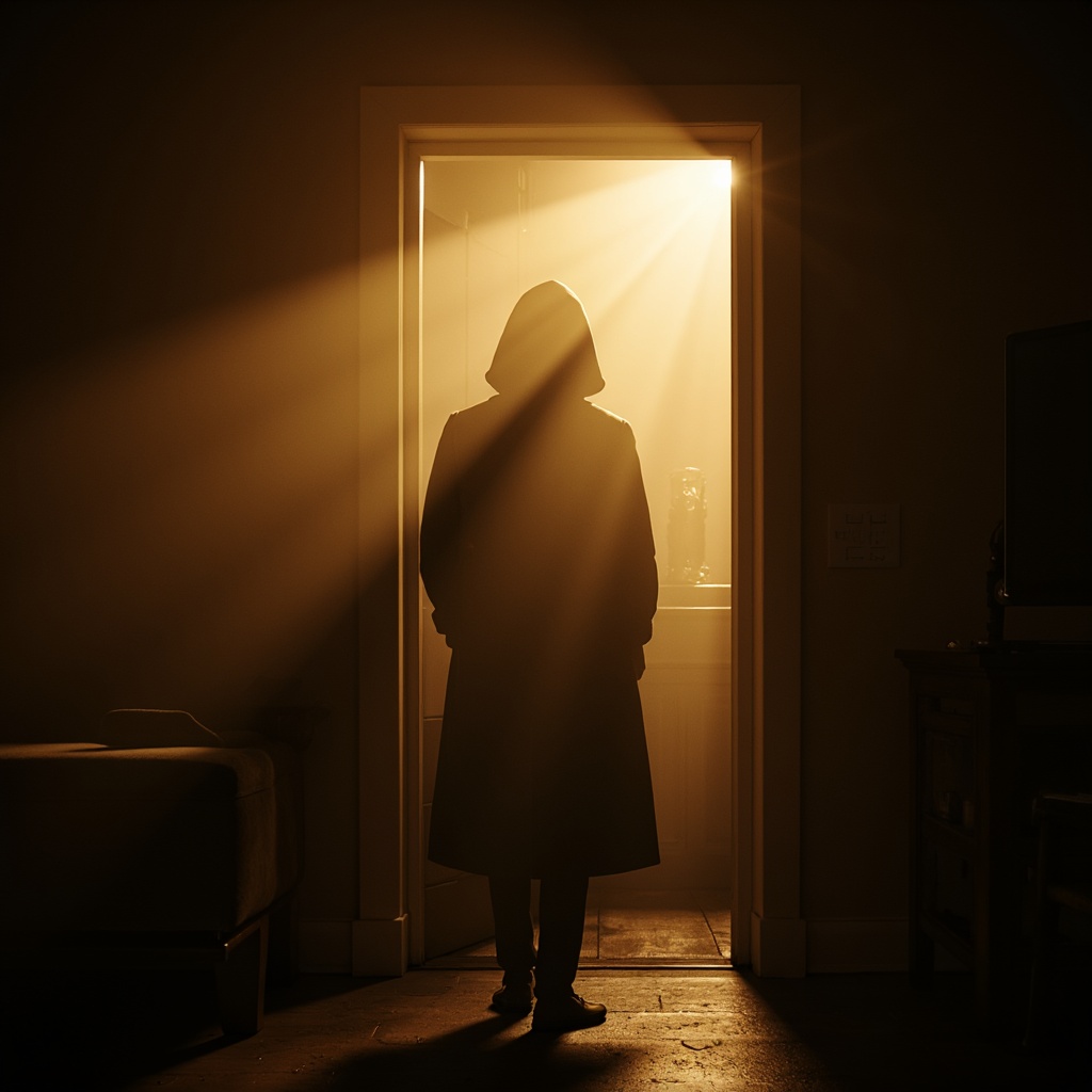 Prompt: Dramatic interior scene, low-key lighting, warm golden tones, intense shadows, spotlight on central figure, softbox lights, gradient background, misty atmosphere, eerie fog, mysterious ambiance, high contrast ratio, cinematic mood, 1/2 composition, shallow depth of field, realistic textures, ambient occlusion.