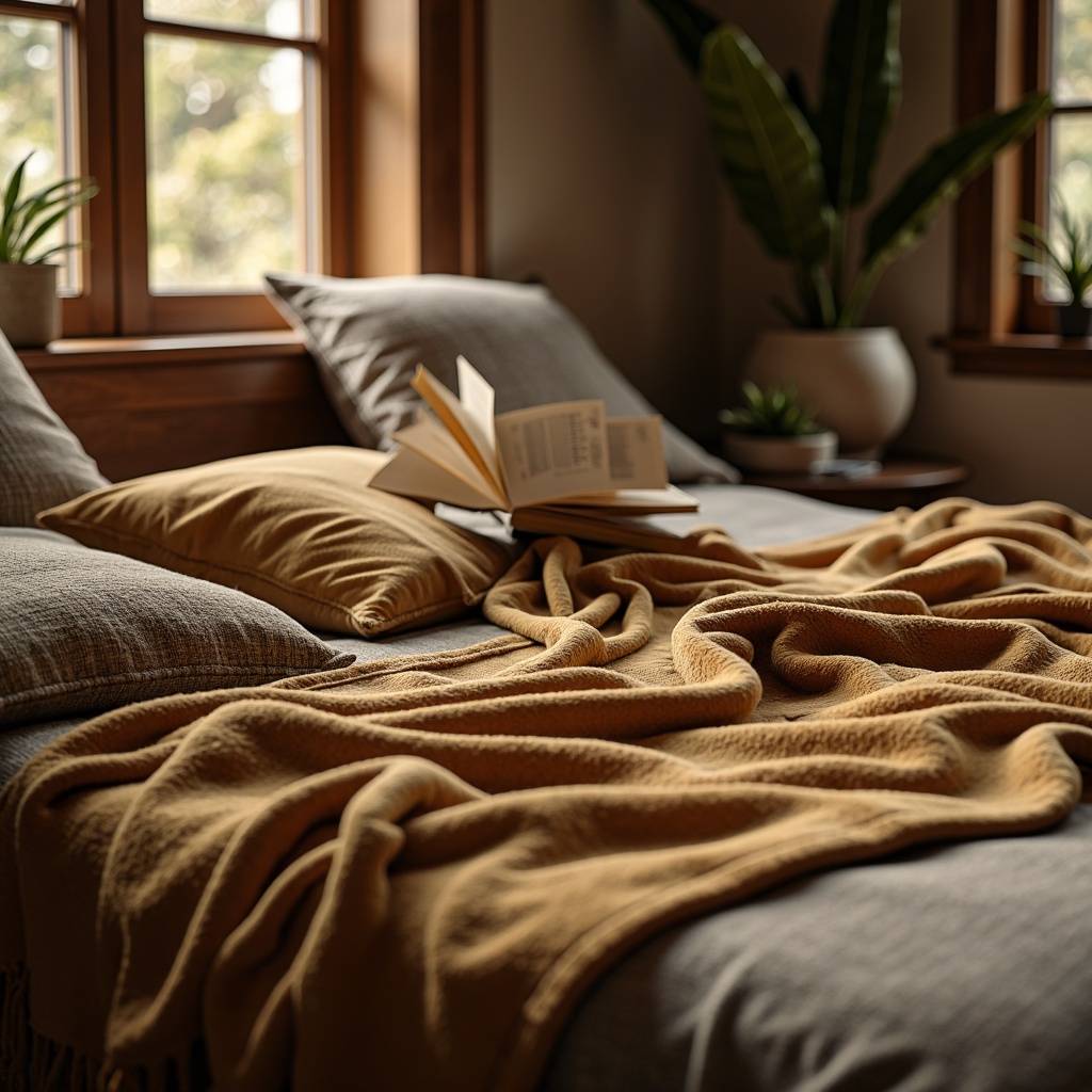 Prompt: Luxurious fabrics, plush cushions, soft velvet textures, warm woolen blankets, silky smooth bed sheets, elegant drapery, intricate embroidery patterns, subtle sheen finishes, natural fiber materials, earthy tone color palette, cozy reading nook, warm golden lighting, shallow depth of field, 1/1 composition, realistic rendering, ambient occlusion.