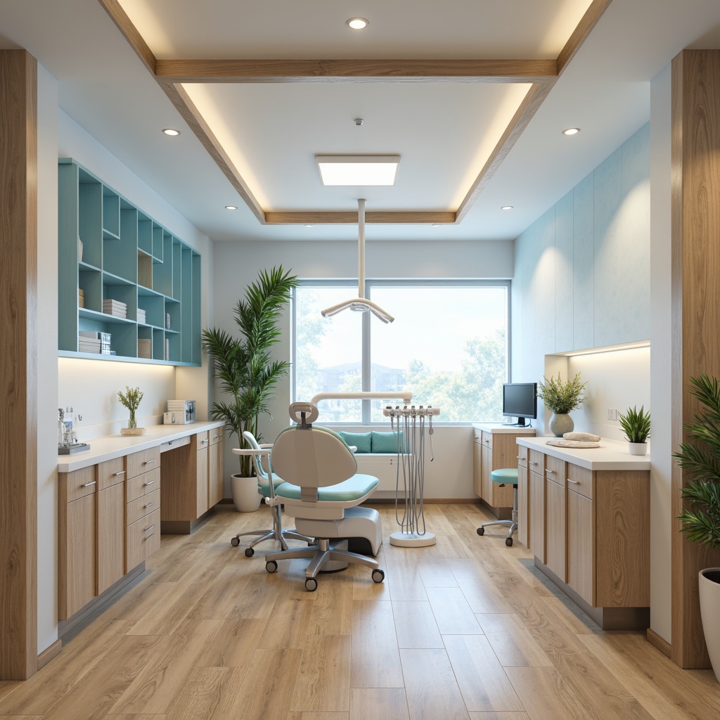 Prompt: Calming dental clinic atmosphere, soft pastel colors, serene blue accents, gentle cream tones, natural wood textures, minimalist decor, modern dental equipment, sleek metal surfaces, subtle branding elements, warm task lighting, shallow depth of field, 1/2 composition, realistic reflections, ambient occlusion.