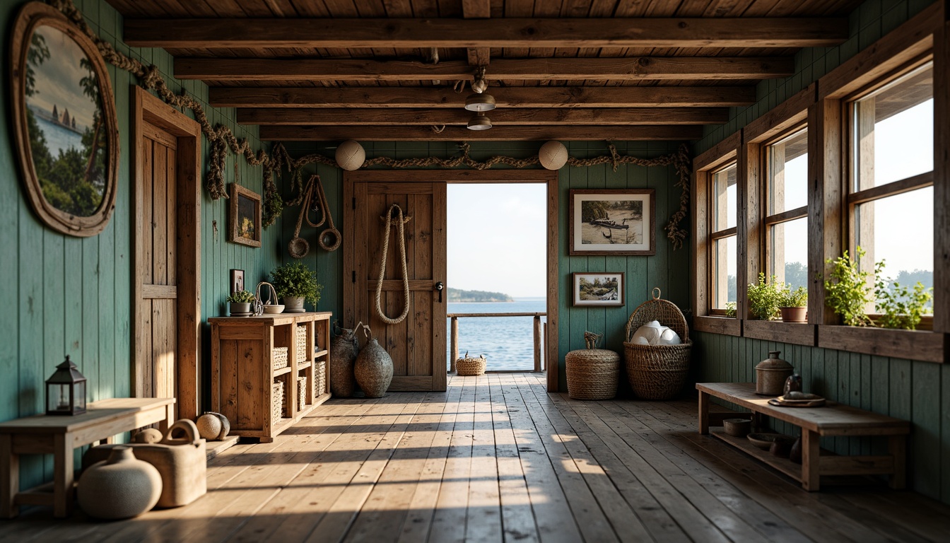 Prompt: Rustic boathouse, weathered wooden planks, nautical ropes, vintage anchors, distressed finishes, earthy tones, mossy greens, sky blues, sandy neutrals, water-inspired hues, natural textiles, woven baskets, driftwood accents, cozy lanterns, soft warm lighting, shallow depth of field, 1/2 composition, intimate atmosphere, realistic wood grains, ambient occlusion.