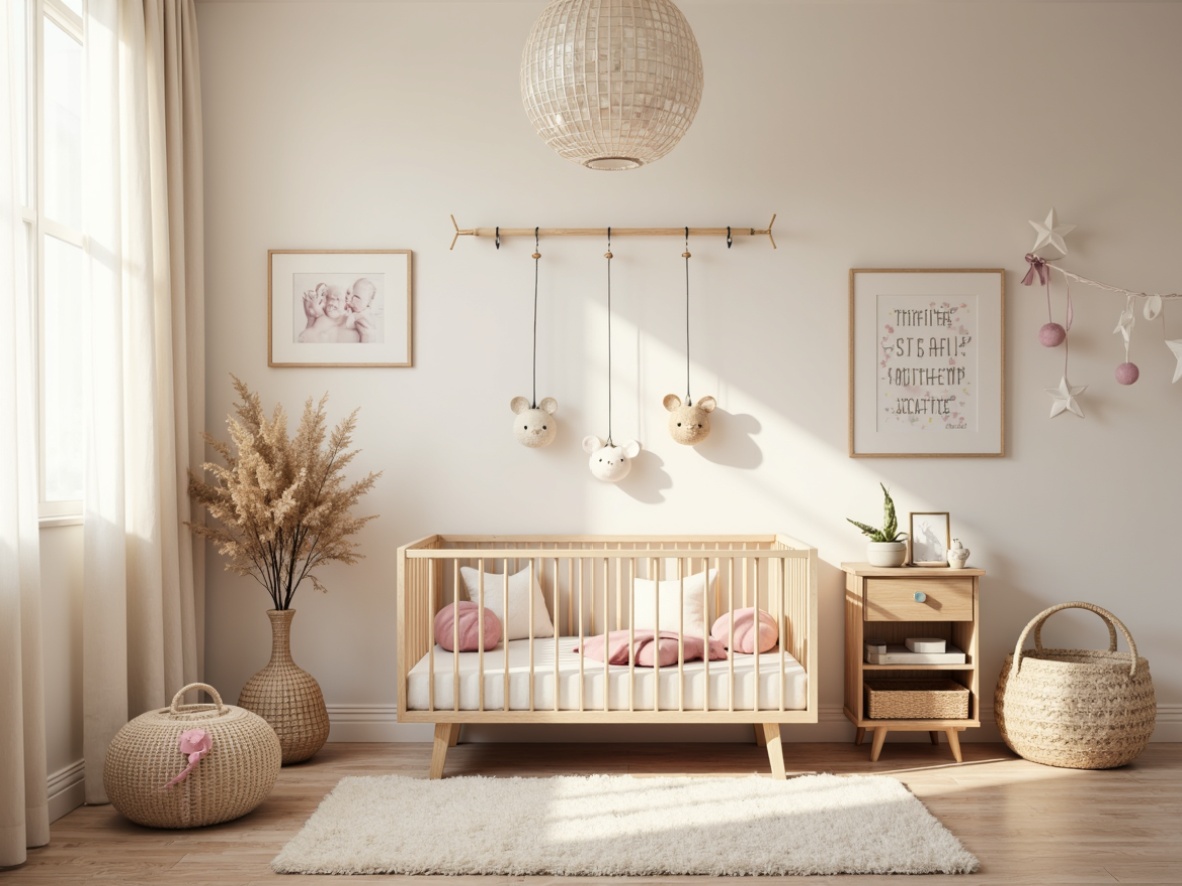 Prompt: Soft cream walls, plush area rug, delicate mobiles, wooden crib, minimalist furniture, pastel colors, gentle lighting, sheer curtains, natural textiles, woven baskets, subtle patterns, elegant chandelier, soft focus, shallow depth of field, 1/1 composition, warm afternoon light, cozy atmosphere, whimsical decorative accents, playful nursery rhymes, framed baby photos, tender love quotes, delicate lace trim, satin ribbons, soft pink hues, creamy whites, gentle beige tones.