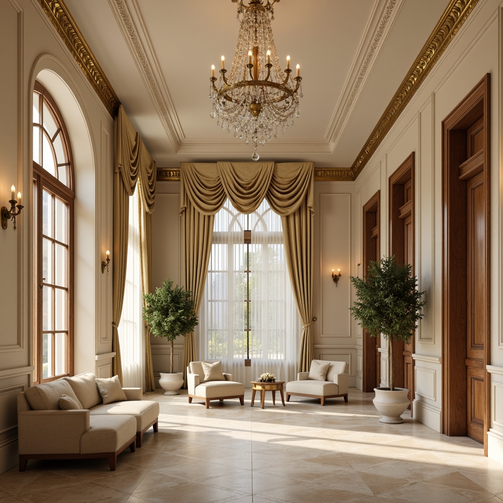 Prompt: Elegant neoclassical interior, soft beige walls, ornate gold accents, rich walnut wood tones, creamy marble floors, subtle cream-colored upholstery, refined crystal chandeliers, luxurious velvet drapes, warm ambient lighting, shallow depth of field, 1/1 composition, realistic textures, ambient occlusion.