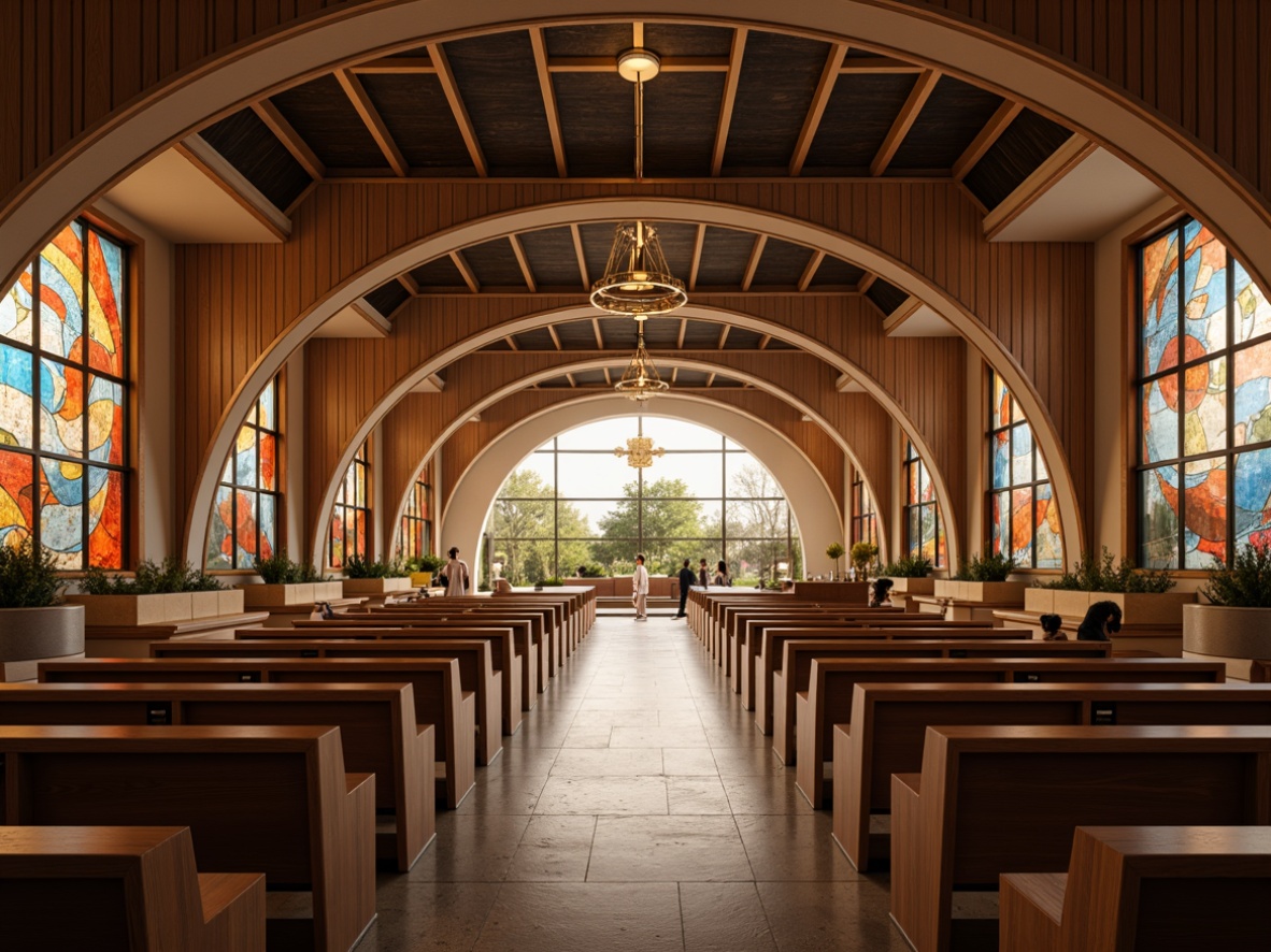 Prompt: Elegant chapel, curved lines, minimalist decor, warm ambient lighting, suspended light fixtures, polished chrome accents, sleek wooden pews, stained glass windows, vibrant colorful mosaics, intricate stone carvings, ornate bronze details, soft warm glow, dramatic high ceilings, symmetrical architecture, grandiose entrance, peaceful atmosphere, natural stone flooring, subtle texture variations, 1/2 composition, soft focus, cinematic lighting.Note