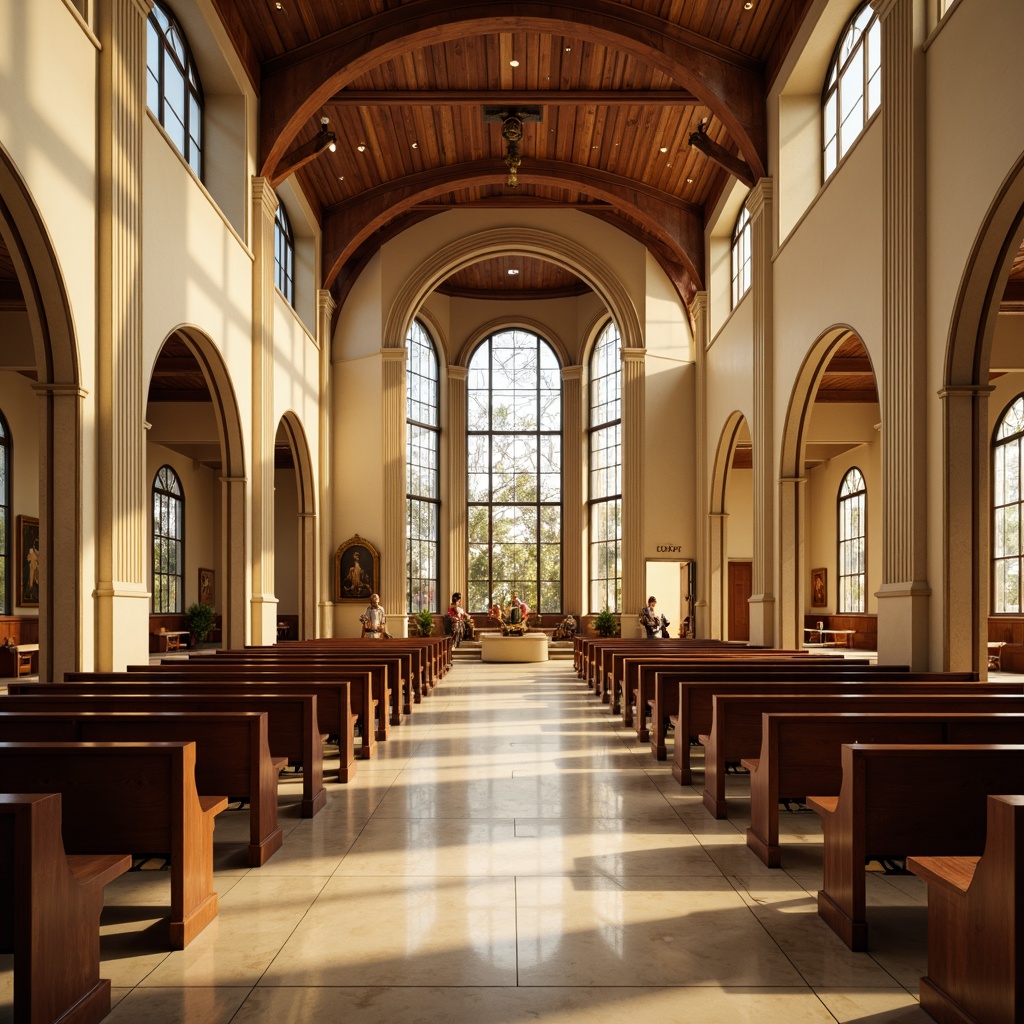 Prompt: Sleek religious sanctuary, polished marble floors, rich walnut wood paneling, ornate metalwork, elegant stained glass windows, subtle ambient lighting, minimalist pews, curved lines, geometric patterns, cream-colored walls, decorative ceiling fixtures, intricate mosaics, symbolic motifs, sacred relics, warm golden tones, soft diffused light, shallow depth of field, 1/1 composition, realistic textures, ambient occlusion.