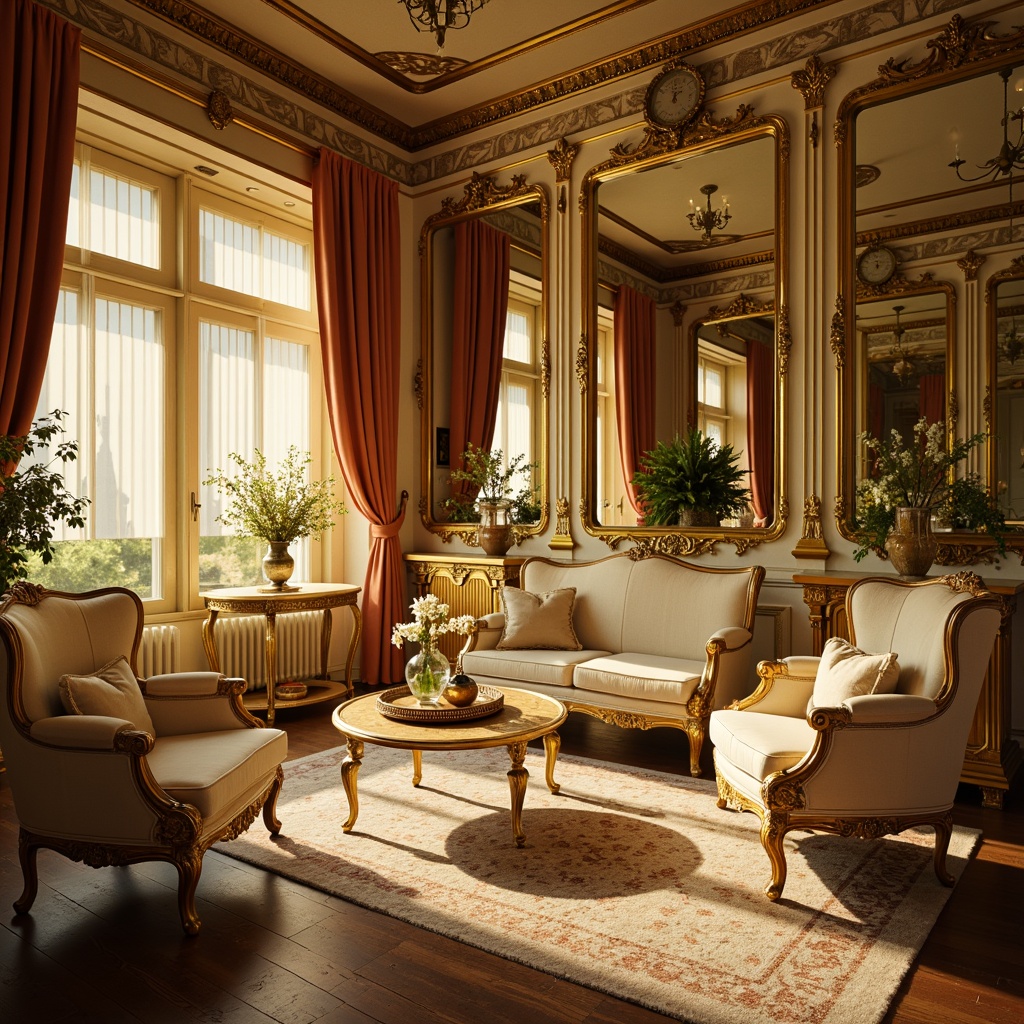 Prompt: Rococo interior, lavish furnishings, ornate mirrors, gilded frames, intricate carvings, soft golden lighting, warm yellow hues, creamy whites, rich velvets, luxurious silks, delicate florals, curved lines, ornamental details, dramatic draping, opulent textures, subtle sheen, 1/2 composition, shallow depth of field, soft focus, romantic ambiance.