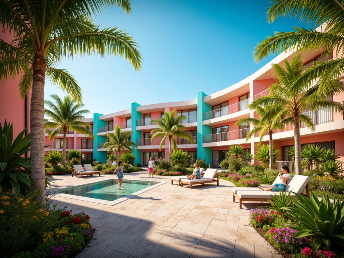 Prompt: Vibrant beachside resort, pastel-colored buildings, turquoise accents, lush green palms, exotic floral patterns, warm sandy textures, bright coral hues, sunny day, soft warm lighting, shallow depth of field, 3/4 composition, panoramic view, realistic tropical foliage, ambient occlusion.