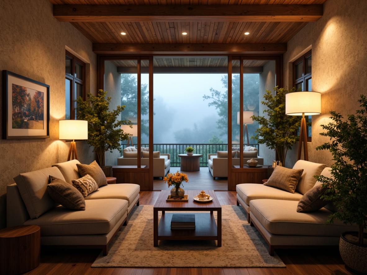 Prompt: Cozy living room, warm ambient lighting, soft glowing lamps, comfortable sofas, wooden coffee tables, lush green plants, natural stone walls, large windows, panoramic views, misty morning atmosphere, warm beige colors, rustic wooden accents, delicate fabric textures, subtle shadows, 1/1 composition, shallow depth of field, realistic rendering, atmospheric fog effect.