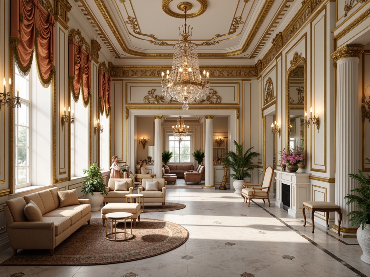 Prompt: Lavish interior, ornate detailing, Rococo style, golden accents, intricate carvings, curved lines, soft pastel colors, velvet fabrics, crystal chandeliers, marble floors, delicate patterns, floral motifs, shell-shaped decorations, gilded mirrors, luxurious furnishings, plush upholstery, subtle lighting, warm color palette, shallow depth of field, 1/1 composition, realistic textures, ambient occlusion.