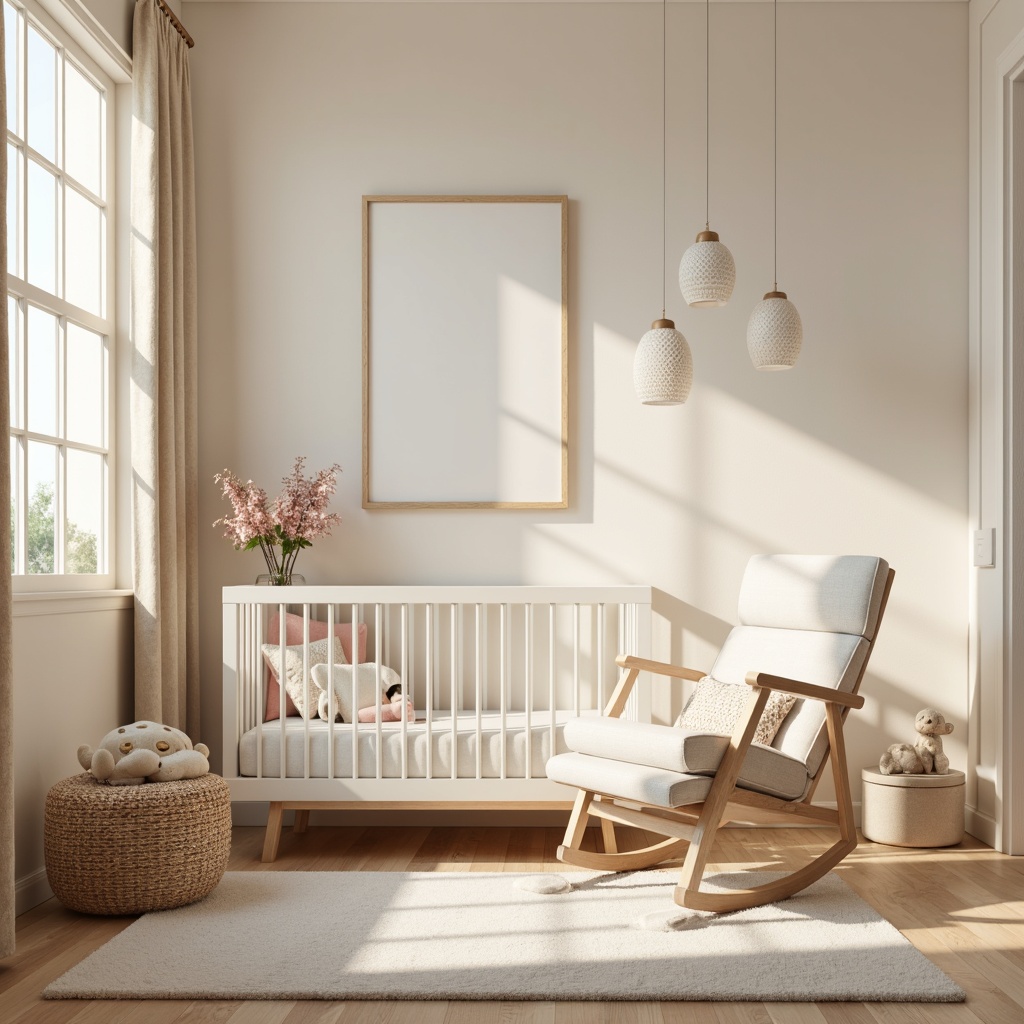 Prompt: Cozy nursery, soft pastel colors, gentle textures, plush area rug, comfortable glider rocker, soothing fabrics, breathable cotton materials, calming color palette, serene atmosphere, natural light filtering, delicate patterns, sweet baby decorations, tender loving ambiance, warm beige walls, creamy white furniture, subtle sheen upholstery, 1/1 composition, intimate close-up shot, softbox lighting, realistic fabric simulations.