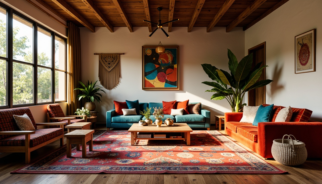 Prompt: Vibrant eclectic space, bold patterned rugs, colorful Moroccan tiles, plush velvet sofas, distressed wooden furniture, abstract artwork, exotic plants, macrame wall hangings, woven baskets, natural fiber textiles, chunky knitted throws, global-inspired decorative accents, warm golden lighting, shallow depth of field, 1/1 composition, realistic textures, ambient occlusion.