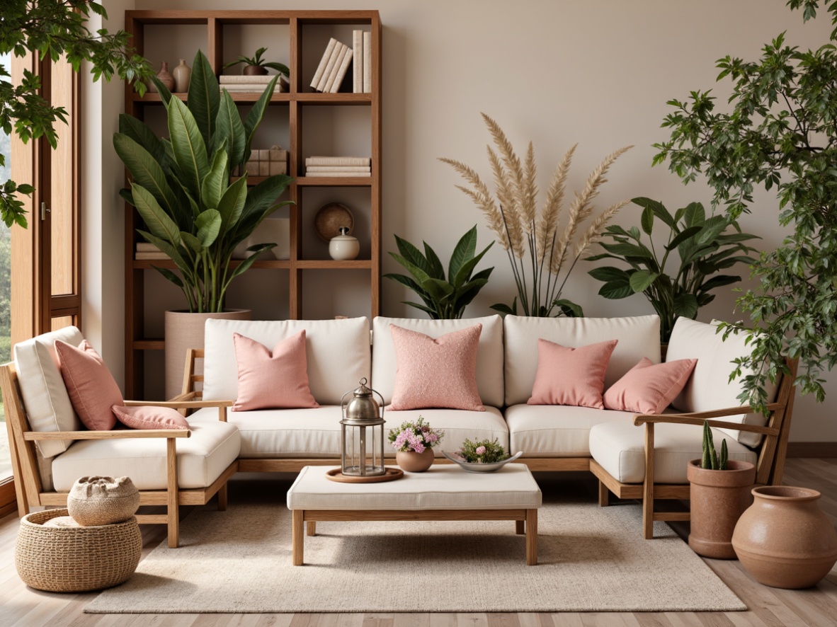 Prompt: Soft pastel colors, gentle florals, distressed wood accents, plush velvet furniture, vintage metal lanterns, woven natural fibers, earthy terracotta pots, lush greenery, calming water features, warm beige walls, comfortable cushioned seating, soft diffused lighting, shallow depth of field, 1/1 composition, intimate atmosphere, realistic textures, ambient occlusion.