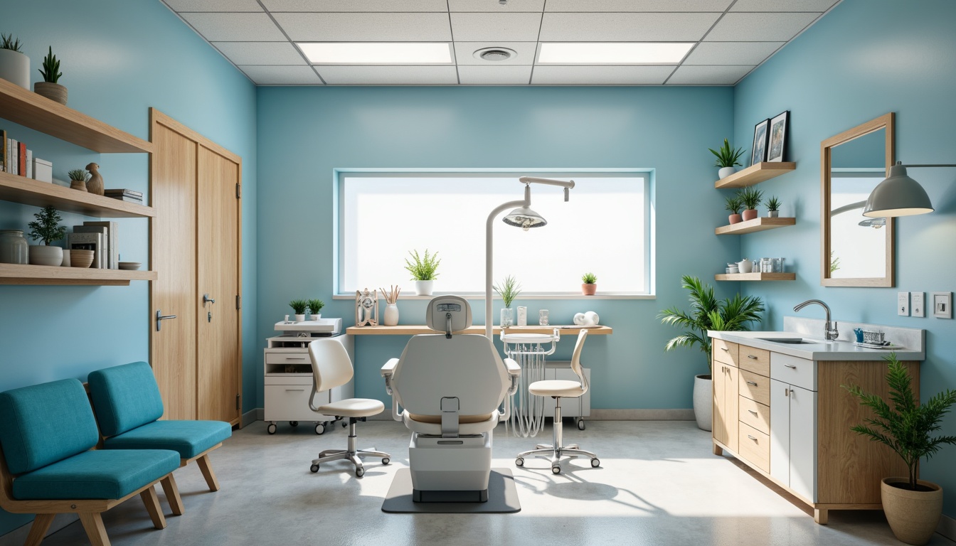 Prompt: Calming dental clinic atmosphere, soothing color scheme, gentle blue tones, creamy whites, warm beige accents, natural wood textures, subtle metal hints, sterile yet inviting ambiance, soft overhead lighting, 1/2 composition, shallow depth of field, realistic reflections, ambient occlusion.