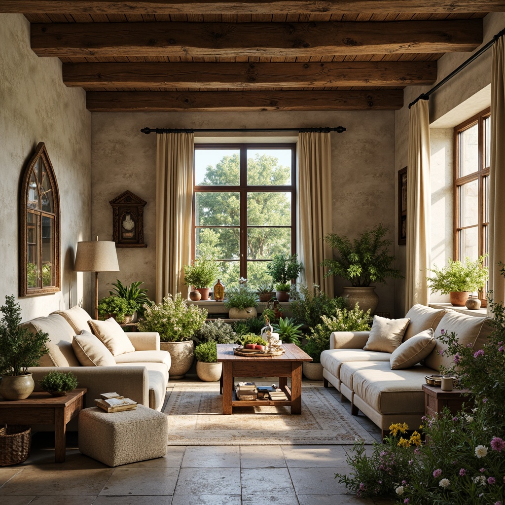 Prompt: Rustic French country estate, distressed stone walls, wooden shutters, lush greenery, vibrant wildflowers, soft warm lighting, natural fabrics, linen upholstery, velvet drapes, toile de Jouy prints, floral patterns, gentle color palette, earthy tones, beige sofas, distressed wood furniture, vintage accents, ornate mirrors, carved wooden decorations, traditional French country elements.