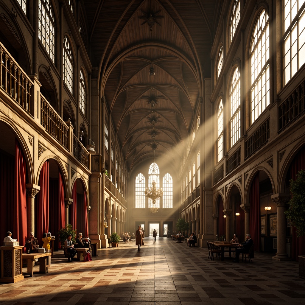 Prompt: Institute Gothic interior, grand vaulted ceilings, ribbed arches, stained glass windows, ornate wooden paneling, rich velvet drapes, intricate stone carvings, majestic chandeliers, luxurious marble floors, warm golden lighting, dramatic shadows, mystical ambiance, atmospheric fog, low-angle composition, symmetrical framing, realistic textures, subtle ambient occlusion.