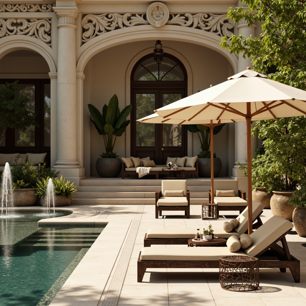 Prompt: Elegant poolside lounge chairs, ornate wrought iron tables, plush velvet sunbeds, carved wooden umbrellas, intricate stone carvings, majestic columns, grand water features, serene fountain sounds, lush greenery surroundings, warm beige stonework, soft golden lighting, shallow depth of field, 1/1 composition, realistic textures, ambient occlusion.