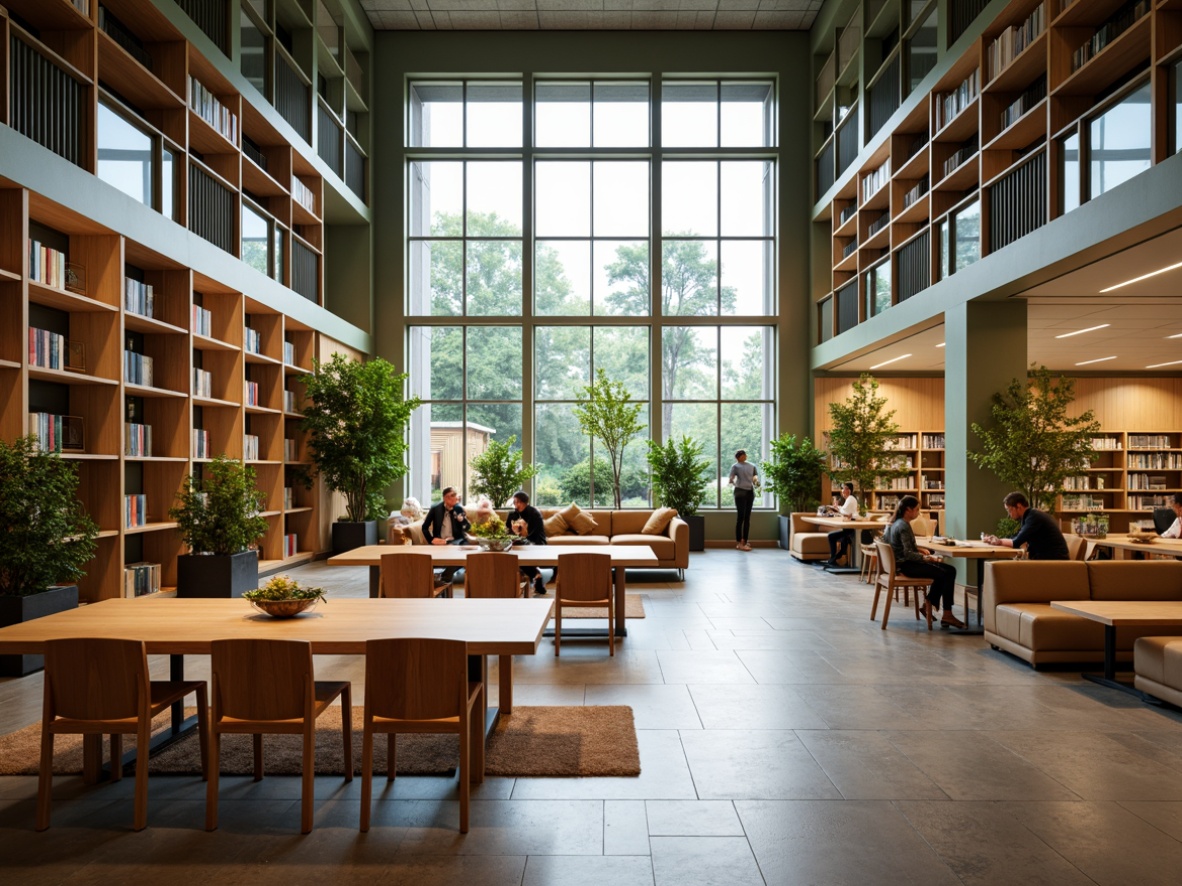 Prompt: Modern library interior, open shelving, comfortable reading nooks, minimalist decor, ergonomic seating, sleek wooden tables, adjustable lighting, natural stone flooring, acoustic panels, collaborative workspaces, modular furniture, green walls, floor-to-ceiling windows, abundant natural light, soft warm glow, shallow depth of field, 1/1 composition, symmetrical balance, realistic textures, ambient occlusion.