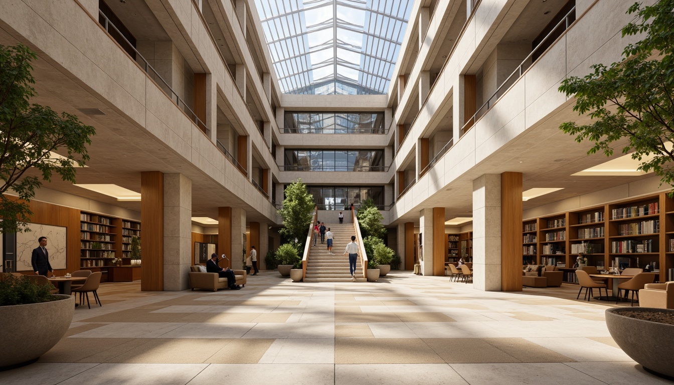 Prompt: Neutral beige stone fa\u00e7ade, sleek glass atrium, rich wood accents, polished metal details, grand staircases, sophisticated law libraries, natural light-filled corridors, solemn judge's chambers, modern courtroom seating, professional attorney offices, abstract geometric patterns, muted earth tones, warm beige carpeting, soft box lighting, shallow depth of field, 1/1 composition, realistic textures, ambient occlusion.