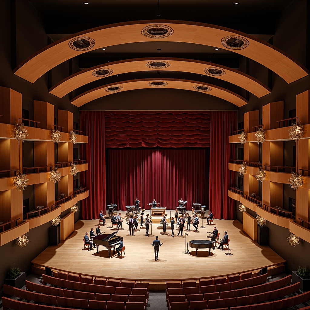 Prompt: Intimate concert hall, curved wooden panels, sound-absorbing materials, premium acoustic instruments, grand pianos, velvet stage curtains, ornate chandeliers, tiered seating, excellent sightlines, optimal reverberation time, precise sound diffusion, advanced loudspeaker systems, digital audio workstations, state-of-the-art mixing consoles, professional recording equipment, luxurious VIP lounges, elegant foyers, dynamic lighting rigs, subtle color schemes, richly textured carpets.