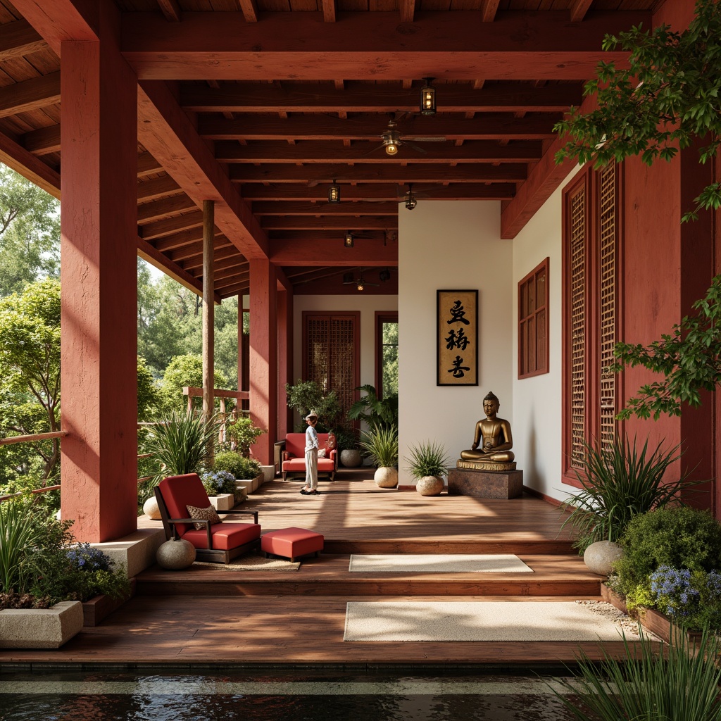 Prompt: Vibrant red accents, earthy terracotta tones, natural wood textures, intricately carved wooden panels, ornate golden fixtures, soft cream-colored walls, rich dark wood floors, Asian-inspired patterns, bold black calligraphy, serene Buddha statues, lush greenery, tranquil water features, warm lantern lighting, shallow depth of field, 1/1 composition, realistic textures.