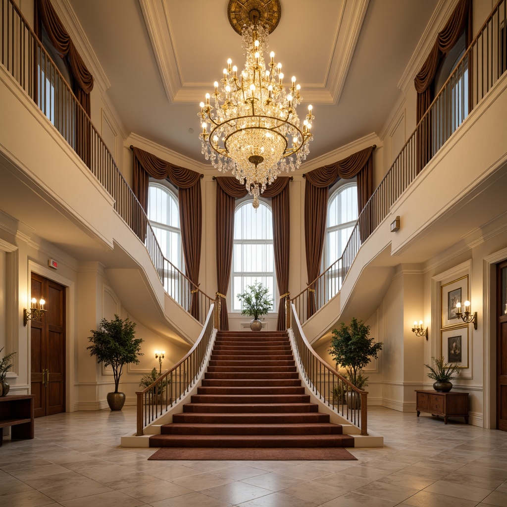 Prompt: Ornate chandeliers, crystal drops, golden accents, soft warm glow, cream-colored walls, rich wood paneling, intricate moldings, grand staircases, high ceilings, luxurious fabrics, velvet drapes, marble floors, bronze sconces, candelabras, elegant lanterns, subtle shading, ambient occlusion, 1/1 composition, realistic textures.