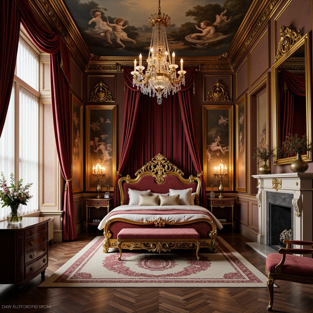 Prompt: Opulent Baroque bedroom, lavish furnishings, intricate carvings, gilded accents, velvet drapes, ornate mirrors, crystal chandeliers, rich wood paneling, marble flooring, sculpted fireplace, luxurious fabrics, majestic four-poster bed, golden lighting fixtures, dramatic archways, grandiose ceiling murals, soft warm glow, shallow depth of field, 1/1 composition, intimate atmosphere, realistic textures, ambient occlusion.