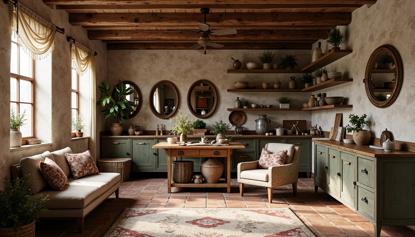 Prompt: Rustic stone walls, distressed wooden accents, vintage metal storage units, soft warm lighting, earthy color palette, natural textiles, woven baskets, ornate mirrors, antique furniture pieces, decorative ceramics, floral patterns, linen drapes, rustic wooden shelves, aged brick flooring, cozy atmosphere, subtle shadows, shallow depth of field, 1/1 composition, realistic textures, ambient occlusion.