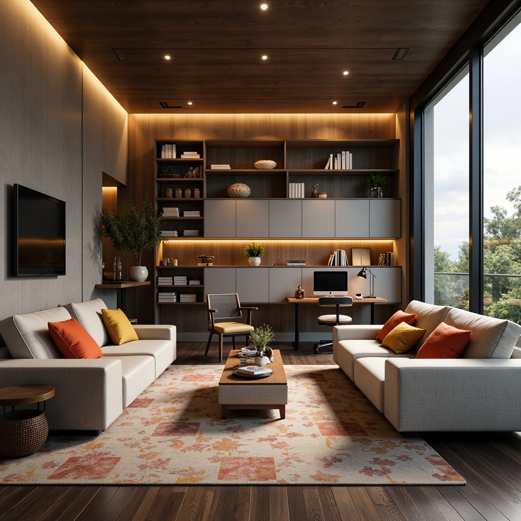 Prompt: Modern living room, sleek minimalist furniture, functional storage units, ergonomic chairs, adjustable desks, smart home automation systems, comfortable couches, vibrant colorful throw pillows, natural wood textures, metal accents, ambient soft lighting, 3/4 composition, shallow depth of field, realistic reflections, cozy warm atmosphere, inviting open space.