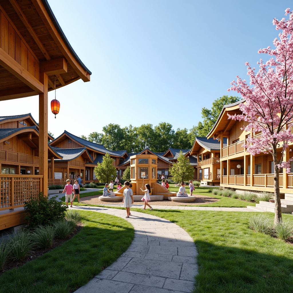 Prompt: Vibrant kindergarten playground, traditional Asian-inspired architecture, curved pagoda-style roofs, colorful lanterns, natural wood accents, woven bamboo fencing, soft green grass, blooming cherry blossoms, playful Buddha statues, interactive water features, sensory play areas, textured stone pathways, educational signage, whimsical wind chimes, warm sunny day, shallow depth of field, 3/4 composition, panoramic view, realistic textures, ambient occlusion.