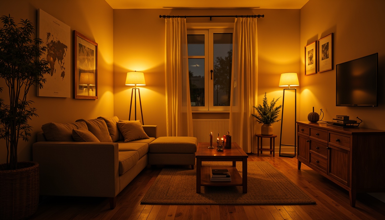 Prompt: Cozy living room, warm golden lighting, soft glow, table lamps, floor lamps, dimmable LED lights, warm beige walls, dark wood furniture, plush velvet sofas, natural fiber rugs, lush greenery, atmospheric fog, misty evening, gentle candlelight, subtle color temperature transitions, 1/2 composition, shallow depth of field, cinematic ambiance, realistic shadows, soft focus.