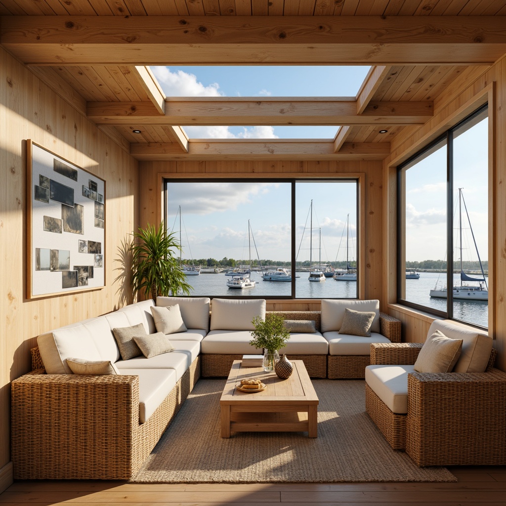 Prompt: Cozy boathouse interior, wooden accents, nautical decor, large windows, sliding glass doors, skylights, clerestory windows, reflective water views, warm beige tones, soft cream colors, natural textiles, woven wicker furniture, rustic wooden beams, open floor plan, minimalist design, functional storage solutions, ambient lighting, subtle color palette, warm sunny day, soft diffused light, shallow depth of field, 1/1 composition, realistic wood textures, subtle atmospheric effects.