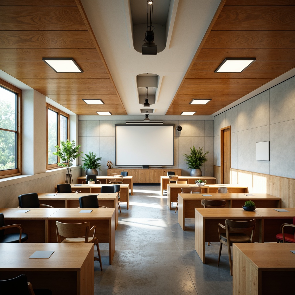 Prompt: Modern classroom interior, sound-absorbing materials, acoustic panels, wooden desks, ergonomic chairs, interactive whiteboards, minimal background noise, optimized speaker placement, clear line of sight, natural light pouring in, soft warm lighting, shallow depth of field, 3/4 composition, realistic textures, ambient occlusion.