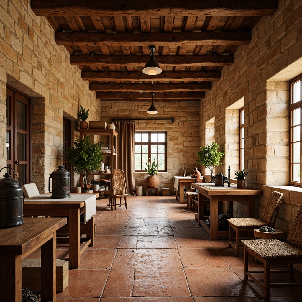 Prompt: Warm Mediterranean factory interior, rustic stone walls, wooden beams, earthy terracotta floors, vintage machinery, woven textiles, natural fabrics, linen drapes, distressed wood accents, antique metal lanterns, soft warm lighting, shallow depth of field, 1/1 composition, realistic textures, ambient occlusion.