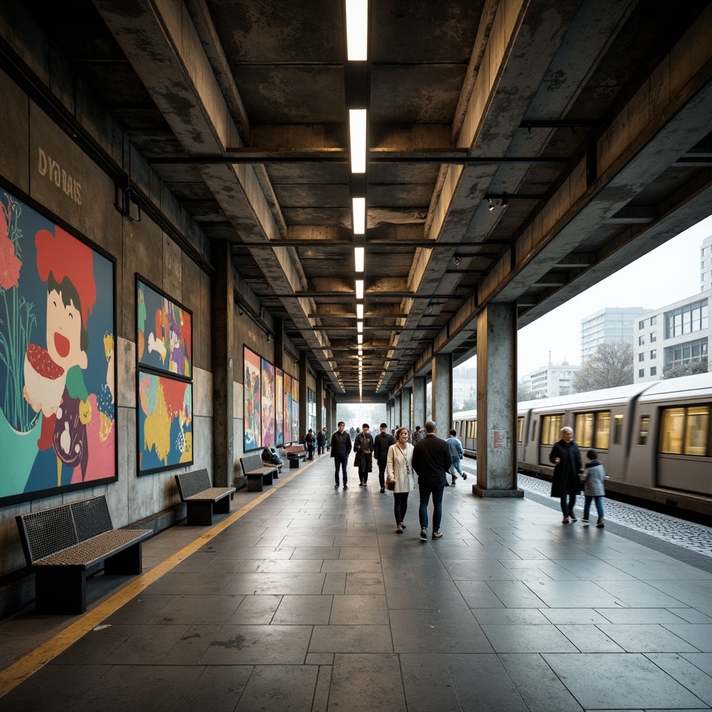 Prompt: Urban metro station, exposed industrial beams, distressed concrete walls, steel columns, modern minimalist lighting, sleek metal benches, vibrant urban artwork, bustling city atmosphere, morning rush hour, soft natural light, shallow depth of field, 1/2 composition, realistic textures, ambient occlusion.