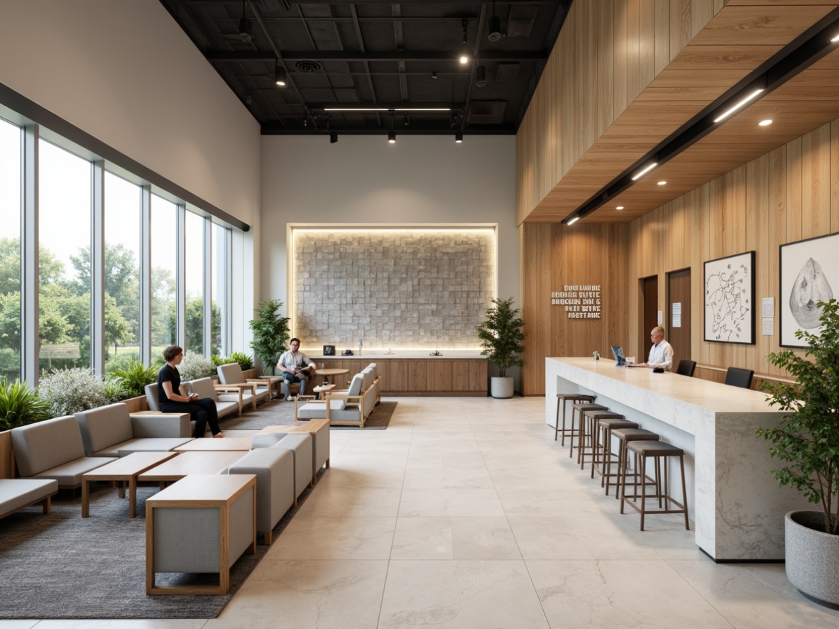 Prompt: Academic clinic interior, neutral color palette, wooden accents, natural textures, abstract artwork, motivational quotes, geometric patterns, 3D wall panels, LED lighting, modern minimalist furniture, stainless steel equipment, sleek countertops, floor-to-ceiling windows, abundance of greenery, calming atmosphere, softbox lighting, shallow depth of field, 1/1 composition, realistic rendering, ambient occlusion.