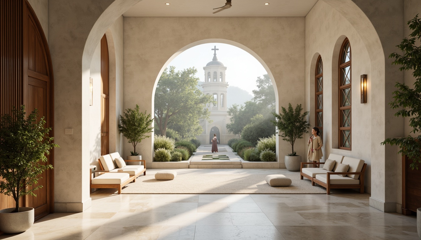 Prompt: Soothing spiritual sanctuary, curved lines, minimalist decor, calming neutral tones, creamy whites, soft grays, warm beige, rich wood accents, polished marble floors, subtle metallic hints, gentle ambient lighting, warm candlelight, stained glass windows, modern geometric patterns, abstract sacred symbols, serene natural surroundings, lush greenery, misty morning light, shallow depth of field, 3/4 composition, realistic textures.